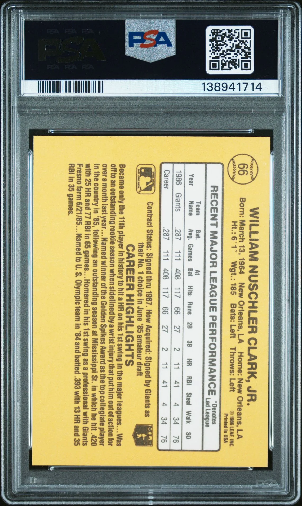 Will Clark 1987 Donruss San Francisco Giants Signed Baseball RC Rookie Card #66 PSA 7 Auto 10 Cert #138941714 - Image 2