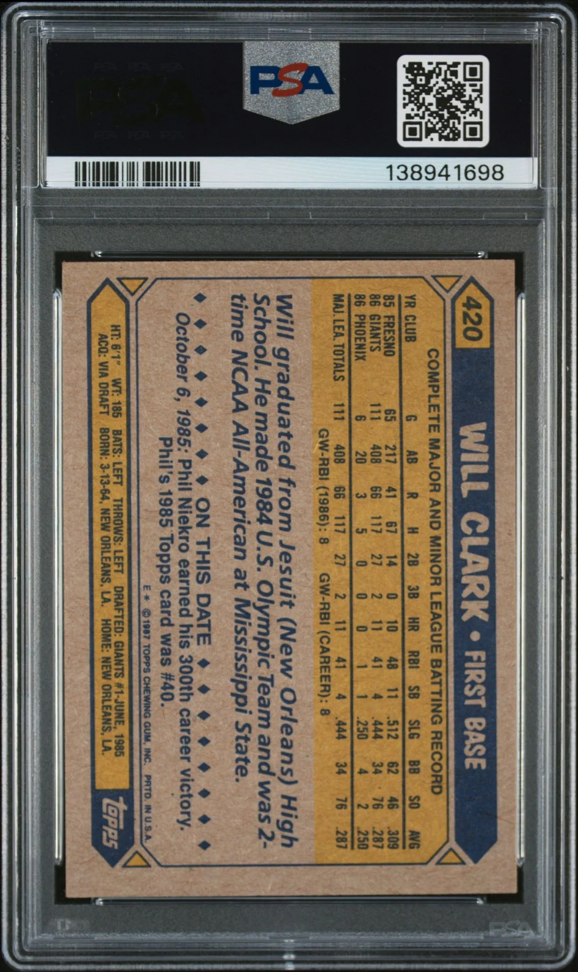 Will Clark 1987 Topps San Francisco Giants Signed Baseball RC Rookie Card #420 PSA 5 Auto 10 Cert #138941698 - Image 2