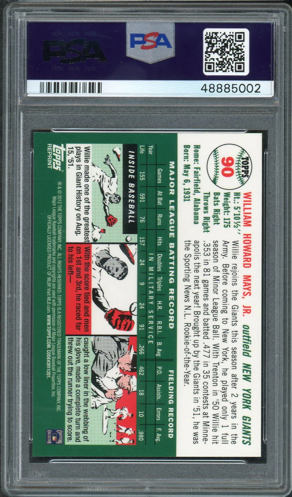 Willie Mays 2012 Topps Factory Set 1954 Gold Refractor Baseball Card #90 Graded PSA 10 GEM MINT - Image 2